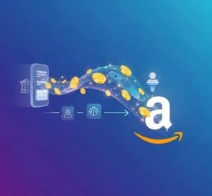 sfondo blu, da uno smartphone sulla sinistra esce un flusso di monete che arrivano presso il logo di Amazon