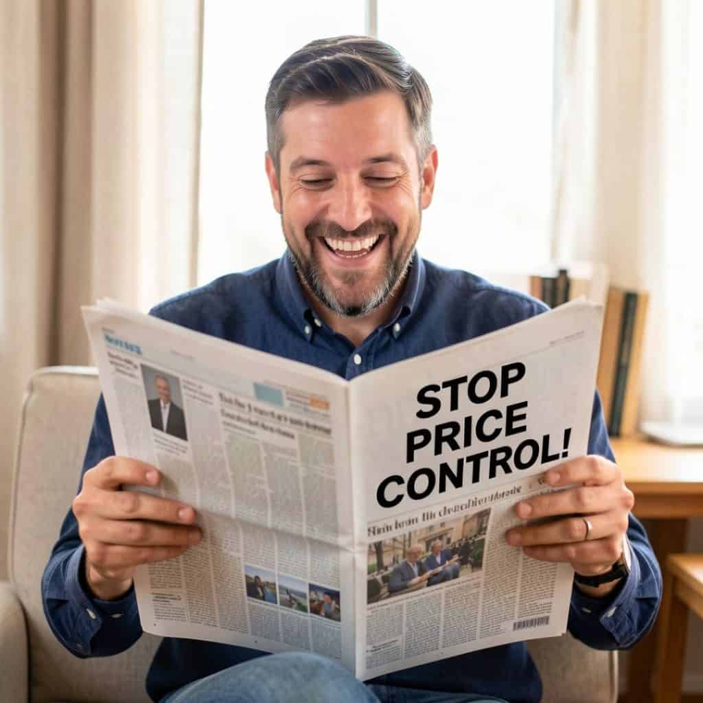 uomo legge felice il giornale con su scritto "Stop price control!"