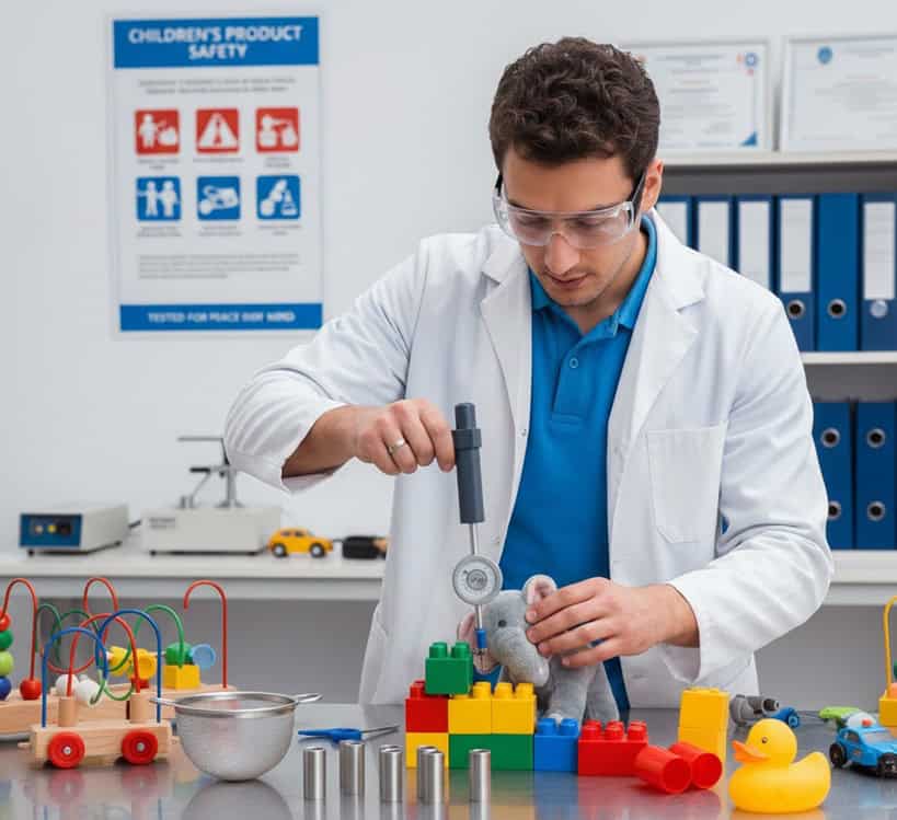 Uomo in camice bianco fa test su costruzioni giocattolo