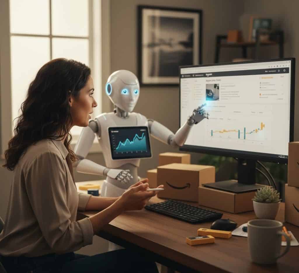 donna al computer si fa aiutare da un robot che sta vicino a lei