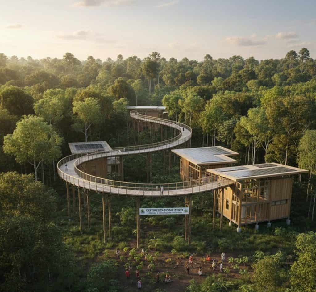 in una foresta si vede una strada che è costruita all'altezza delle chiome degli alberi e finisce sul tetto di una casa