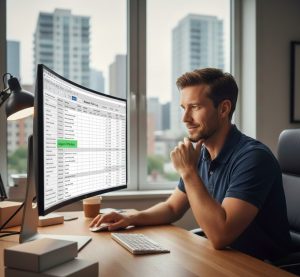 uomo in maglietta a maniche corte blu lavora al computer