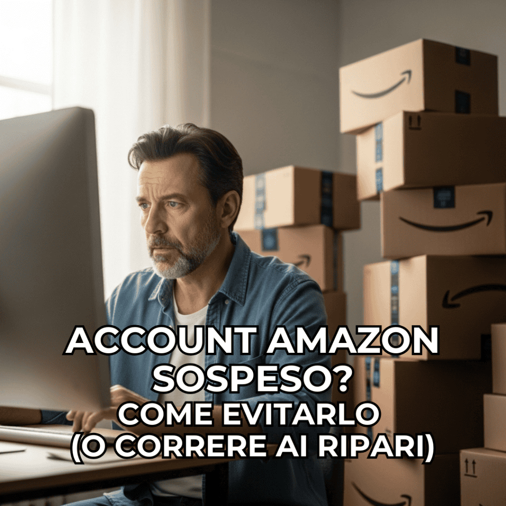uomo dentro una stanza piena di pacchi amazon, lavora al computer con aria preoccupata
