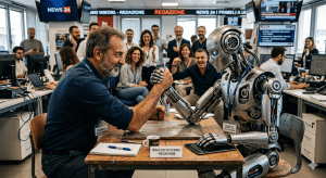 un uomo e un robot antropomorfo fanno a braccio di ferro in un ufficio