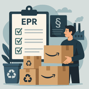 operatore amazon tiene in mano un pacco mentre guarda una checklist con su scritto "epr"