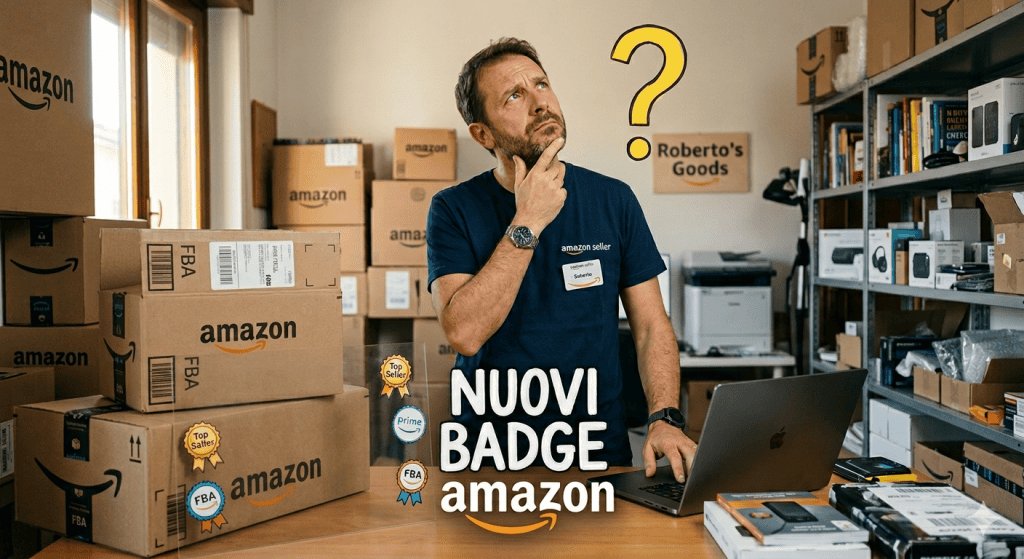 uomo in un magazzino pieno di scatole Amazon si pone una domanda e ha un punto interrogativo rappresentato alla sua destra