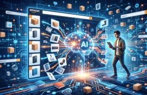 uomo si avvicina allo schermo di un enorme portatilr dove compaiono dati dell'AI