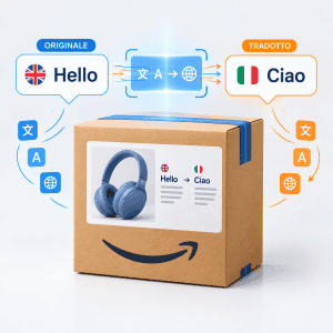 una scatola amazon al centro dell'immagine, a sinistra c'è un balloon con su scritto "hello", a destra la stessa cosa ma con su scritto "ciao", al centro in alto il simbolo dela traduzione linguistica
