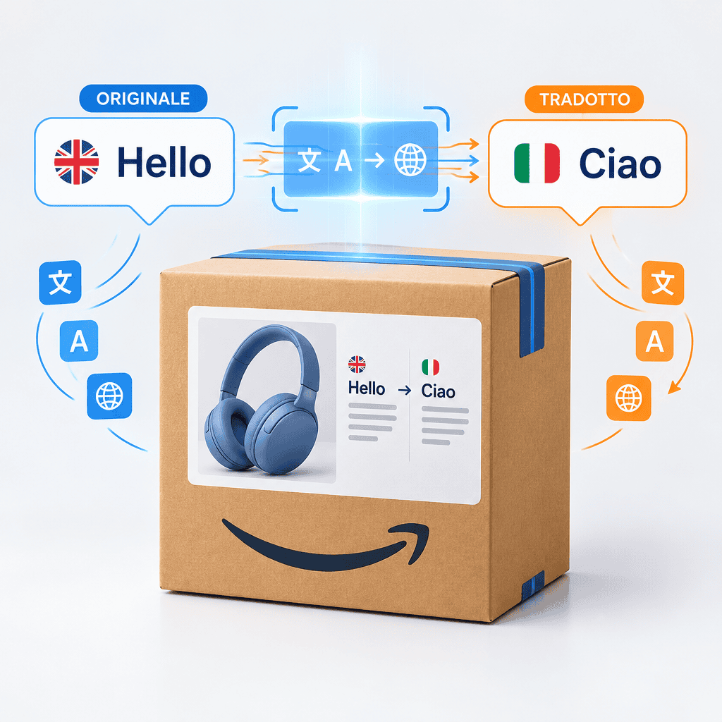 una scatola amazon al centro dell'immagine, a sinistra c'è un balloon con su scritto "hello", a destra la stessa cosa ma con su scritto "ciao", al centro in alto il simbolo dela traduzione linguistica